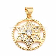 Rack Plating Brass Micro Pave Cubic Zirconia Pendants, Long-Lasting Plated, Ring with Star of David, Real 18K Gold Plated, 21.5x19x5mm, Hole: 3.3x4.5mm(KK-B057-07G)