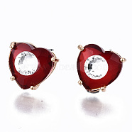 Brass Stud Earrings, with Glass and Steel Pins, Heart, Light Gold, Red, 12x13mm, Pin: 0.6mm(GLAA-S193-038B-LG)