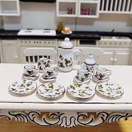 Mini Ceramic Tea Sets, including Teacup, Saucer, Teapot, Cream Pitcher, Sugar Bowl, Miniature Ornaments, Micro Landscape Garden Dollhouse Accessories, Pretending Prop Decorations, Flower Pattern, 15pcs/set(BOTT-PW0002-124F)