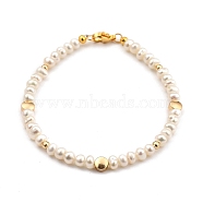 Natural Cultured Freshwater Pearl Beaded Bracelets, with Brass Beads and 304 Stainless Steel Lobster Claw Clasps, Flat Round, Golden, 19.2cm(7-1/2 inch)(BJEW-JB05386-04)