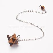 Chakra Natural Tiger Eye Dowsing Pendulums, with Brass Chains, Merkaba Star, 215~230mm(G-F516-01J)