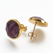 Natural Amethyst Ear Studs, with Brass Findings, Golden, Flat Round, 15mm, Pin: 0.8mm(EJEW-G197-B05)