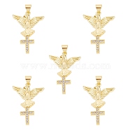 5Pcs Brass Micro Pave Clear Cubic Zirconia Pendants, Nickel Free, Eagle with Cross, Real 18K Gold Plated, 29.5x21x3mm, Hole: 3x5mm(ZIRC-SZ0003-21)