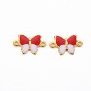 304 Stainless Steel Enamel Links Connectors, Two Tone, Butterfly, Real 16K Gold Plated, Cadmium Free & Nickel Free & Lead Free, Red, 6.5x10x1mm, Hole: 1mm(STAS-N088-21E-NR)