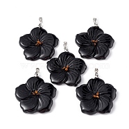 Natural Black Onyx(Dyed & Heated) Big Pendants, Peach Blossom Charms, with Platinum Plated Alloy Snap on Bails, 57x48x9mm, Hole: 6x4mm(G-B040-01P-02)