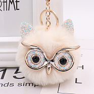 Pom Pom Ball Keychain, with KC Gold Tone Plated Alloy Lobster Claw Clasps, Iron Key Ring and Chain, Owl, Antique White, 12cm(KEYC-PW0002-033E)