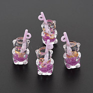 Imitation Bubble Tea/Boba Milk Tea Transparent Resin Pendants, Boba Polymer Clay inside, with Acrylic Cup and Gold Foil, Bear, Medium Orchid, 28.5~31.5x14x13mm, Hole: 1.8mm(RESI-T052-04D)