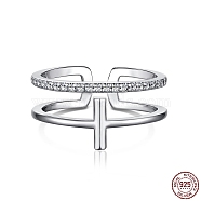 Rhodium Plated 925 Sterling Silver Cross Open Cuff Rings with Cubic Zirconia, with S925 Stamp, Real Platinum Plated, 8.3mm, US Size 7(17.3mm)(RJEW-F150-51P)