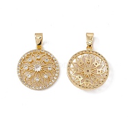 Brass Micro Pave Clear Cubic Zirconia Pendants, Hollow Flat Round with Flower Charm, Real 18K Gold Plated, 20.5x18x4mm, Hole: 3x5.5mm(KK-E068-VC059)