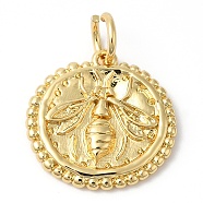 Eco-Friendly Rack Plating Brass Pendants, with Jump Ring, Long-Lasting Plated, Lead Free & Cadmium Free, Flat Round with Bee Charm, Real 18K Gold Plated, 14x14x2mm, Hole: 3.5mm(KK-R143-22G)