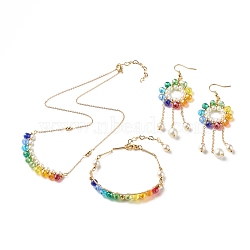 Natural Shell Pearl & Faceted Glass Beads Jewelry Set for Teen Girl Women, Colorful Pendant Necklace & Beaded Bracelet & Ring with Tassel Dangle Earrings with Brass Findings, Golden, Colorful, 16-1/2 inch(42cm), 6-1/4 inch(16cm), 89~90mm, Pin: 0.6mm(X1-SJEW-TA00003)