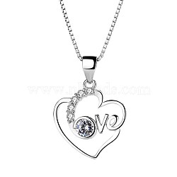 999 Sterling Silver Rhinestone Pendants, Heart with Word Love, Platinum, Crystal, 18.5x16.5x3mm, Hole: 4.5x6mm(STER-BB55488-A)