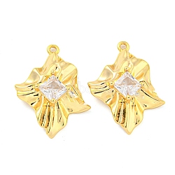 Brass Pave Cubic Zirconia Pendants, Leaf, Clear, Real 18K Gold Plated, 24x18x4.5mm, Hole: 1.2mm(KK-M286-12G)