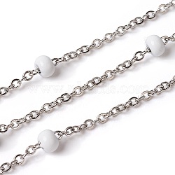 304 Stainless Steel Cable Chains, Satellite Chains, with Enamel, Soldered, with Spool, Flat Oval, White, 2.4x2x0.4mm, Beads: 4mm, about 32.8 Feet(10m)/roll(CHS-E016-01D)