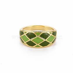 Rack Plating Light Gold Alloy Enamel Wide Band Rings, Cadmium Free & Lead Free, Grid Pattern, Dark Green, US Size 7(17.3mm)(RJEW-Q163-005-RS)