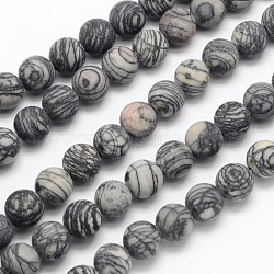 Frosted Round Natural Black Picasso Stone/Picasso Jasper Beads Strands, 4mm, Hole: 1mm, about 90pcs/strand, 15.3 inch(G-N0166-44-4mm)
