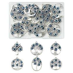 18Pcs 6 Styles Tibetan Style  Alloy Pendants, Tree of Life with Resin Evil Eye Charms, Mixed Shapes, 28~40x24~34x4~5mm, Hole: 1.8~2.5mm, 3pcs/style(FIND-CJ0002-10)