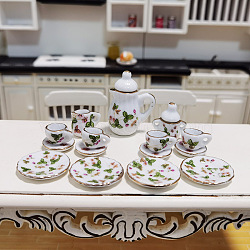 Mini Ceramic Tea Sets, including Teacup, Saucer, Teapot, Cream Pitcher, Sugar Bowl, Miniature Ornaments, Micro Landscape Garden Dollhouse Accessories, Pretending Prop Decorations, Flower Pattern, 15pcs/set(BOTT-PW0002-124F)
