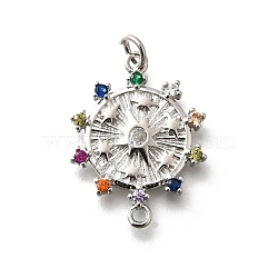 Brass Colorful Cubic Zirconia Sun Connector Charms, Cadmium Free & Nickel Free & Lead Free, with Jump Rings, Real Platinum Plated, 24x18x2mm, Hole: 3mm(KK-M318-13P)