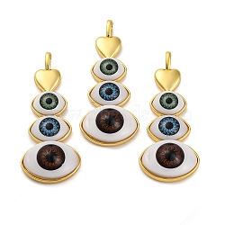 Rack Plating Brass Pendants, with Lampwork, Long-Lasting Plated, Lead Free & Cadmium Free, Heart with Eyes Charms, Golden, 61x25.5x11mm, Hole: 4x6.5mm(KK-H510-01G)