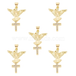 5Pcs Brass Micro Pave Clear Cubic Zirconia Pendants, Nickel Free, Eagle with Cross, Real 18K Gold Plated, 29.5x21x3mm, Hole: 3x5mm(ZIRC-SZ0003-21)