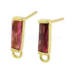 Brass Micro Pave Cubic Zirconia Earring Findings, Long-Lasting Plated, Cadmium Free & Lead Free, Real 18K Gold Plated, Rectangle, Red, 12x2.5mm, Hole: 1.2mm, Pin: 0.8mm(KK-A205-10G-02)