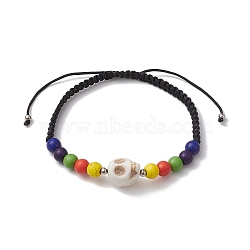 6mm Round Dyed Synthetic Turquoise Braided Bead Bracelets, Halloween Skull Adjustable Bracelets for Women, Floral White, Inner Diameter: 2-1/8~3-1/4 inch(5.4~8.3cm), Round: 6mm(BJEW-JB10335-02)