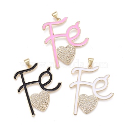 Brass Micro Pave Cubic Zirconia Pendants, with Enamel, Long-Lasting Plated, Real 18K Gold Plated, Letter and Heart, Mixed Color, 35x30.5x3mm, Hole: 3x5mm(ZIRC-M108-21-G)