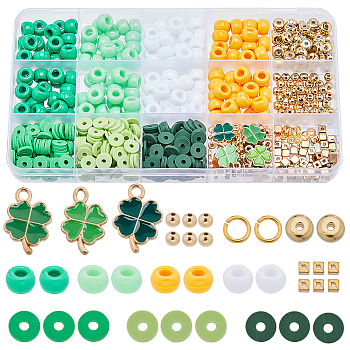 Saint Patrick's Day Bracelet Making Kit, Including Barrel & Round & Cube Plastic & Polymer Clay Disc Beads, Clover Alloy Pendants, Mixed Color, 693Pcs/box