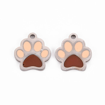 304 Stainless Steel Enamel Charms, Stainless Steel Color, Dog Paw Prints, Saddle Brown, 13x12x1mm, Hole: 1.5mm