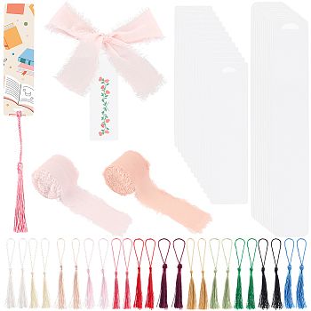 DIY Bookmarks Kits, 24Pcs Transparent Blank Acrylic Bookmarks, 24Pcs  Polyester Tassel Big Pendant Decorations, Polyester Frayed Fringe Ribbon, Mixed Color, 120~151x25~32x1mm, Hole: 10.5x4mm