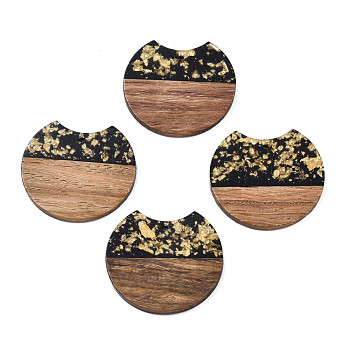 Translucent Resin & Waxed Walnut Wood Pendants, with Gold Foil, Gap Flat Round, Black, 34x36.5x3mm, Hole: 2mm