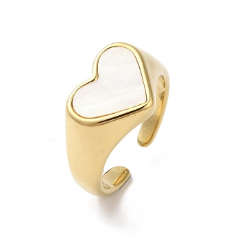 Shell Heart Open Cuff Ring for Women, 304 Stainless Steel Finger Ring, Real 18K Gold Plated, White, 11mm, Inner Diameter: Adjustable