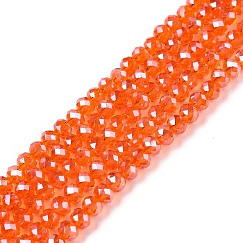 Electroplate Glass Beads Strands, Pearl Luster Plated, Faceted, Rondelle, Coral, 3.5~3.8x3mm, Hole: 0.4mm, about 113~115pcs/strand, 32.5~33cm