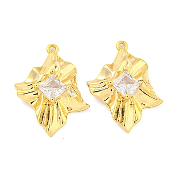 Brass Pave Cubic Zirconia Pendants, Leaf, Clear, Real 18K Gold Plated, 24x18x4.5mm, Hole: 1.2mm