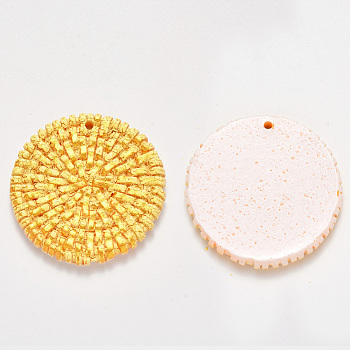 Resin Pendants, Imitation Woven Rattan Pattern, Flat Round, Yellow, 45~46x5~6mm, Hole: 2mm