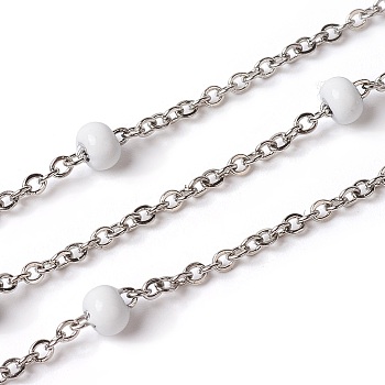 304 Stainless Steel Cable Chains, Satellite Chains, with Enamel, Soldered, with Spool, Flat Oval, White, 2.4x2x0.4mm, Beads: 4mm, about 32.8 Feet(10m)/roll