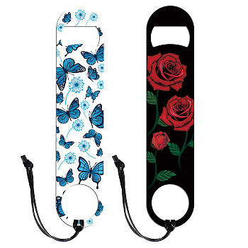 2Pcs 2 Styles 201 Stainless Steel Bottle Opener, with PU Leather Cord, Rectangle, Butterfly, 178x38x2mm, 1pc/style