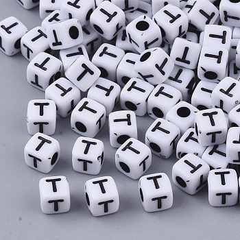 White Opaque Acrylic Beads, Horizontal Hole, Cube with Black Alphabet, Letter.T, 4~5x4~5x4~5mm, Hole: 1.8mm, about 6470~6500pcs/500g