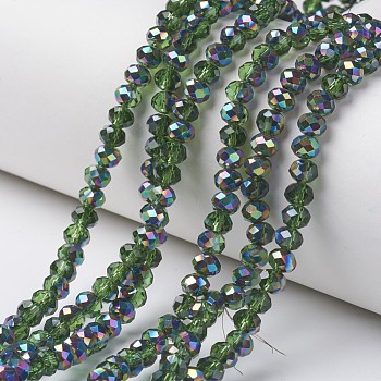 Electroplate Transparent Glass Beads Strands, Half Multi-color Plated, Faceted, Rondelle, Olive Drab, 6x5mm, Hole: 1mm, about 85~88pcs/strand, 16.1~16.5 inch(41~42cm)