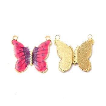 304 Stainless Steel Pave Crystal Rhinestone Pendants, with Enamel, Butterfly Charms, Real 18K Gold Plated, Deep Pink, 24x25x2mm, Hole: 2mm