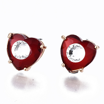 Brass Stud Earrings, with Glass and Steel Pins, Heart, Light Gold, Red, 12x13mm, Pin: 0.6mm