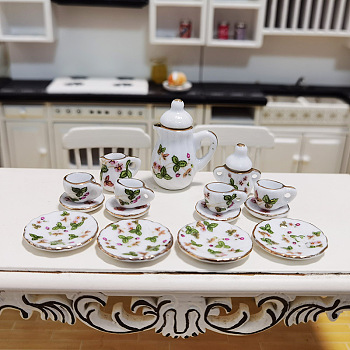 Mini Ceramic Tea Sets, including Teacup, Saucer, Teapot, Cream Pitcher, Sugar Bowl, Miniature Ornaments, Micro Landscape Garden Dollhouse Accessories, Pretending Prop Decorations, Flower Pattern, 15pcs/set