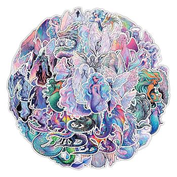50Pcs Holographic PVC Self-Adhesive Angel Mermaid Gragon Stickers, Waterproof Decals for Kid's Art Craft, Bottle, Luggage Decor, Mixed Color, 40~55mm