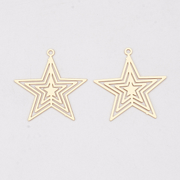 Brass Pendants, Etched Metal Embellishments, Long-Lasting Plated, Star, Light Gold, 22.5x21.5x0.3mm, Hole: 1.2mm