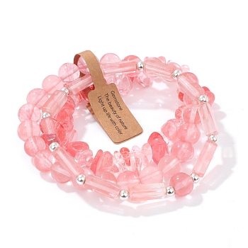 3Pcs Synthetic Cherry Quartz Glass Bead Bracelet  Sets for Men, 7-1/2 inch(19cm)