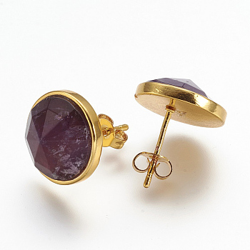 Natural Amethyst Ear Studs, with Brass Findings, Golden, Flat Round, 15mm, Pin: 0.8mm