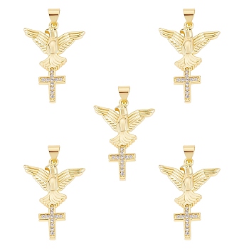 5Pcs Brass Micro Pave Clear Cubic Zirconia Pendants, Nickel Free, Eagle with Cross, Real 18K Gold Plated, 29.5x21x3mm, Hole: 3x5mm