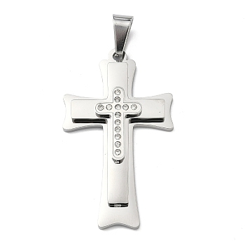 304 Stainless Steel & Rhinestone Pendants, Cross Charms, with 201 Stainless Steel Ice Pick Pinch Bails, Cross, Crystal, Stainless Steel Color, 45x26.5x5.5mm, Hole: 10.5x6.5mm