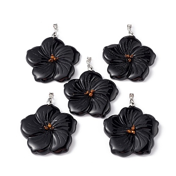 Natural Black Onyx(Dyed & Heated) Big Pendants, Peach Blossom Charms, with Platinum Plated Alloy Snap on Bails, 57x48x9mm, Hole: 6x4mm